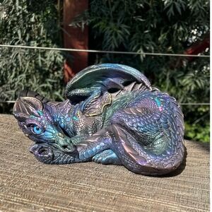 Windstone Editions Coiled Mother Dragon Figurine Iridescent Peacock Blue Crystal